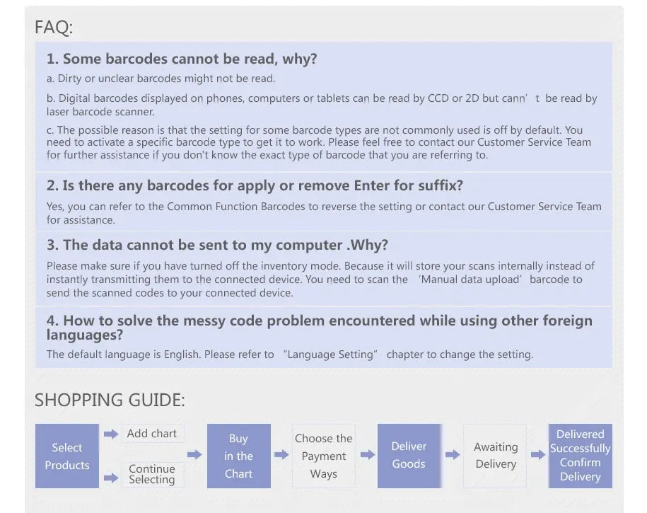User guide FAQ page with questions about barcode scanning and setup instructions