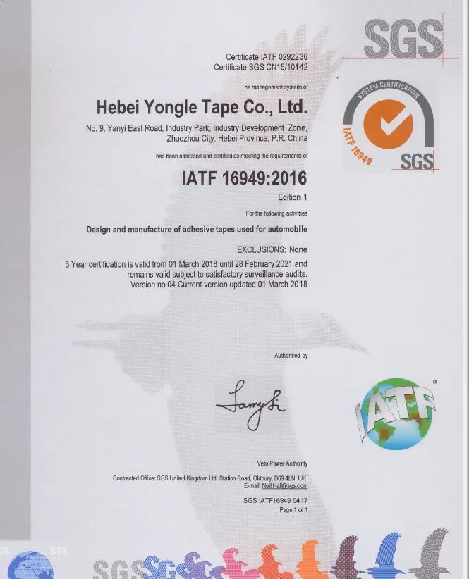 Printed quality certificate for adhesive tapes with SGS logo, ISO details, and signatures