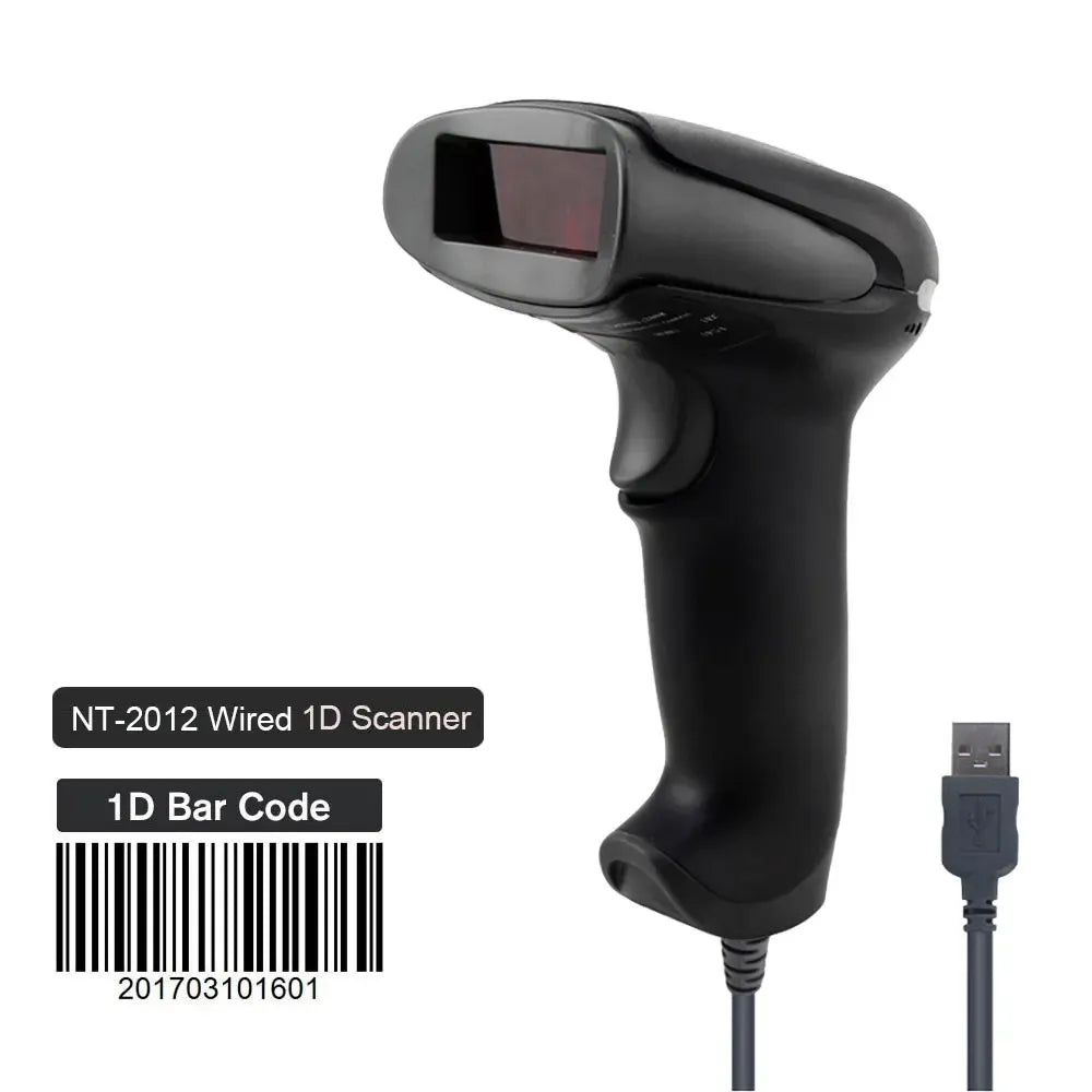 Black wired 1D handheld barcode scanner with USB cable and scan window