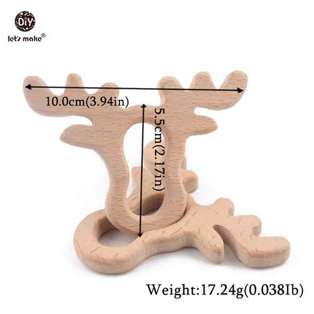 Natural wood reindeer baby teething toy in light brown, perfect for safe and soothing baby teething relief.
