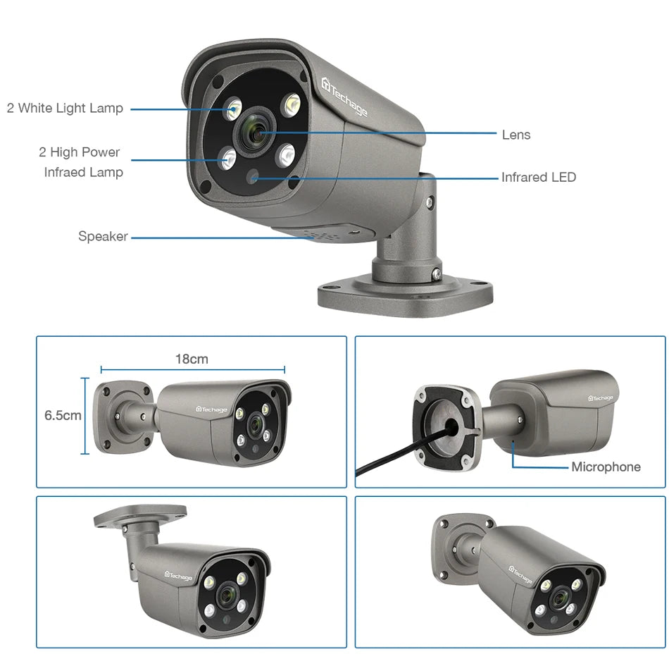 Techage UHD 4K 8MP 5MP Security POE Camera Smart AI Human Detect Outdoor Two-way Audio IP Camera CCTV Surveillance Color Night