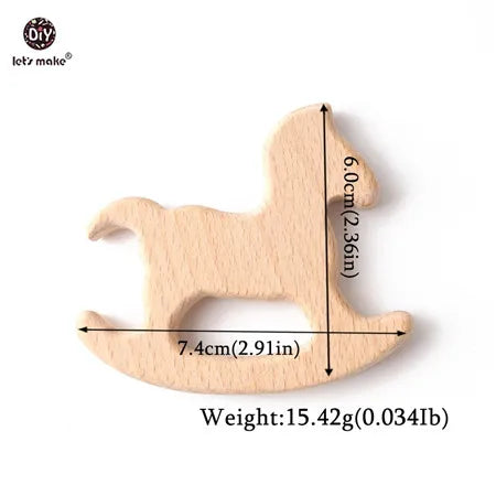 Natural wood baby teething toy in horse shape, light beige color for safe infant teething relief.