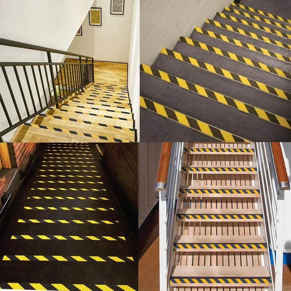 Non-slip safety grip tape on stair steps with black-and-yellow striped edging