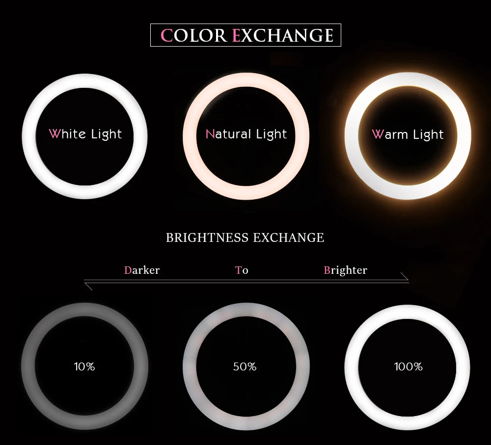 Circular ring light showing color temperature settings from white to warm and brightness levels from 10% to 100%.