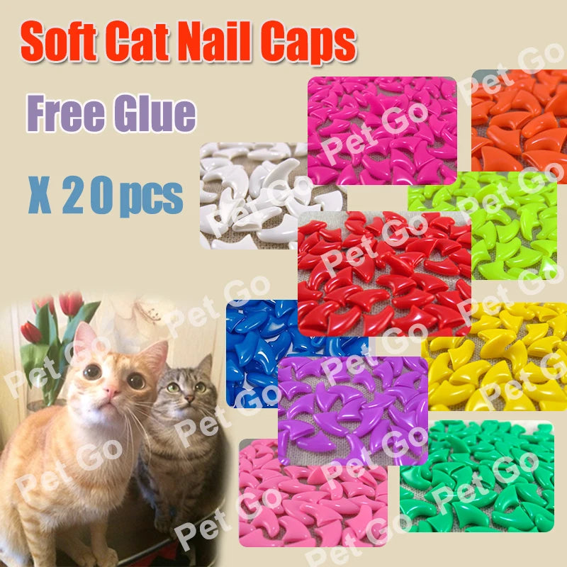 Colorful soft cat nail caps for claw protection, 20-pack set with included glue, available in various sizes (XS-L).