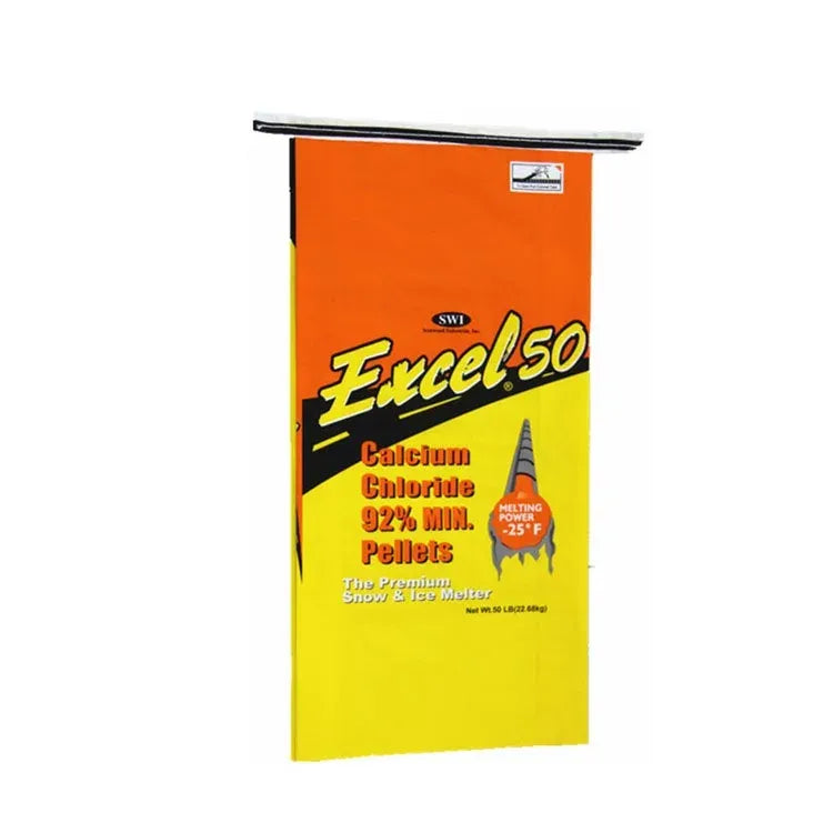 Orange and yellow pellets packaging bag with Exel 50 Calcium Chloride 92% text