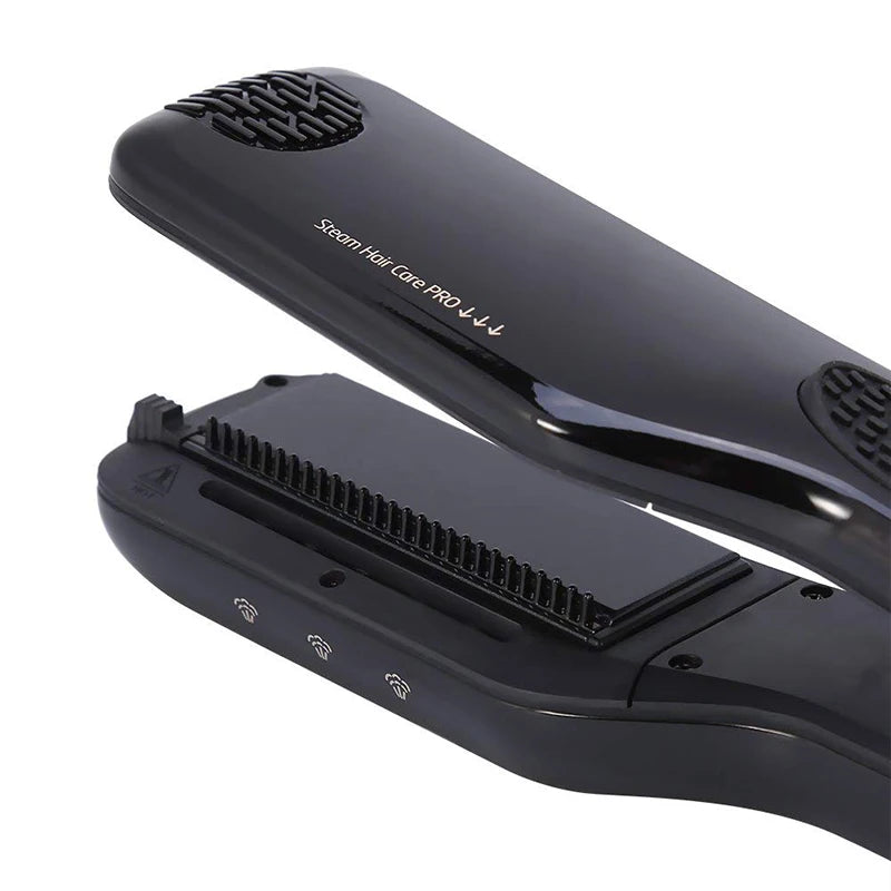 Black steam hair straightener with integrated comb attachment and sleek heat-resistant design for professional styling.