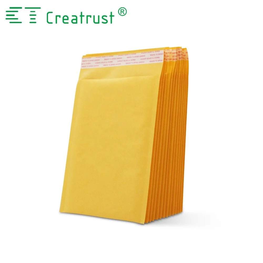 Yellow padded mailer envelope standing upright, ribbed gusset side and flap