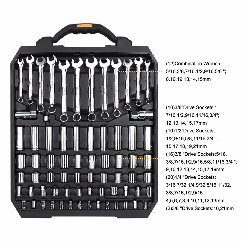DEKO 192Pcs 198Pcs Professional Car Repair Tool Set Ratchet Spanner Screwdriver Socket Mechanics Tools Kit W/ Blow-Molding Box