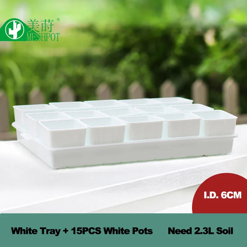 Plastic seedling pot set with 16 white square pots and a white tray, 6cm ID