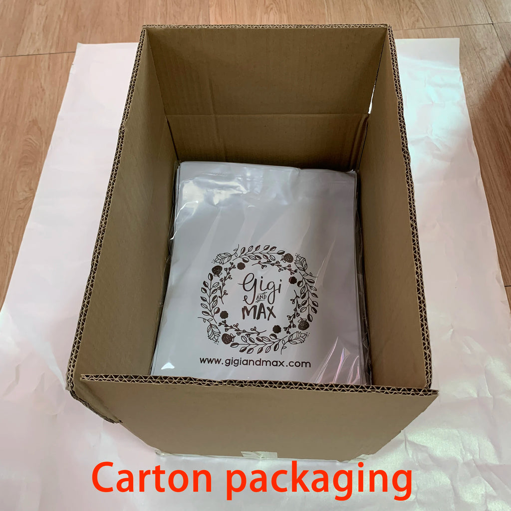 Self-adhesive plastic mailer bag with printed logo, placed inside a cardboard shipping box