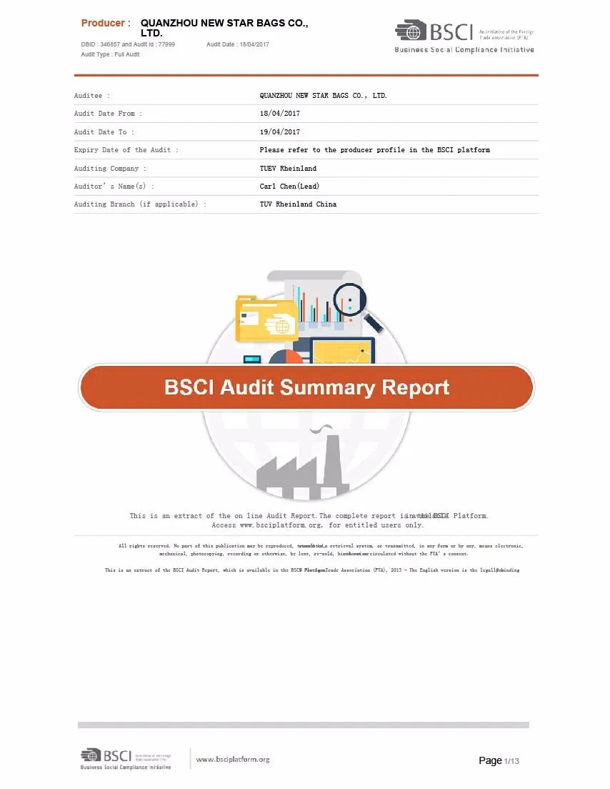 BSCI audit summary report document for Quanzhou New Star Bags Co., Ltd. manufacturer certification.