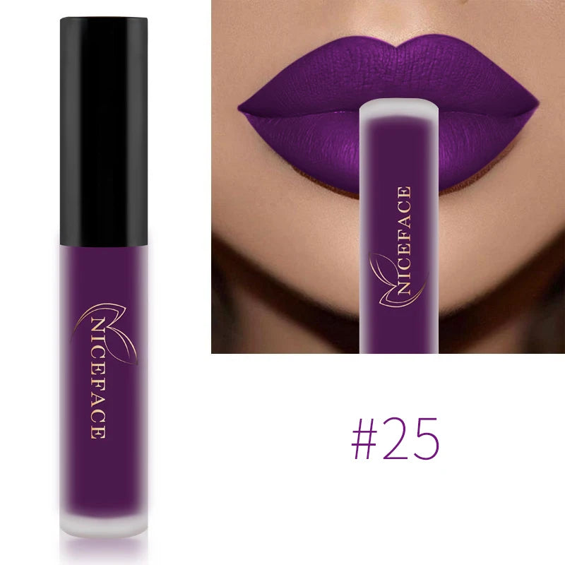 NICEFACE purple velvet matte liquid lipstick #25. Waterproof, highly pigmented lip tint with a smooth, soft-matte finish.