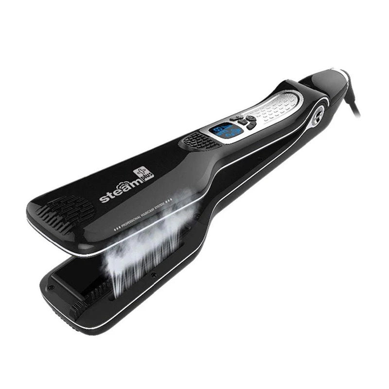 Black professional steam hair straightener with digital display and integrated detangling comb for sleek, shiny hair.