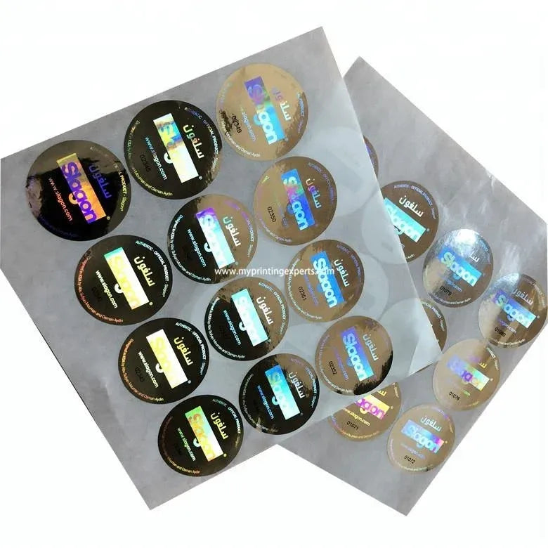 Round holographic adhesive stickers on PET sheet, black and gold reflective circles