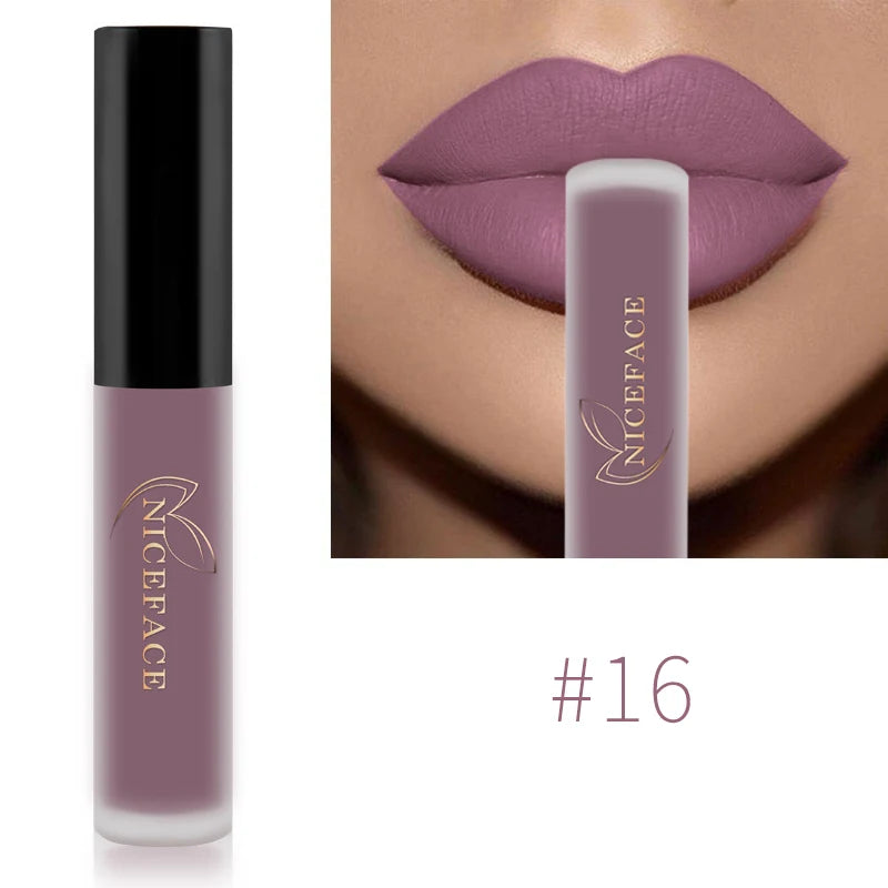 NICEFACE velvet matte liquid lipstick in mauve shade #16, waterproof, long-lasting nude lip tint with a smooth finish.
