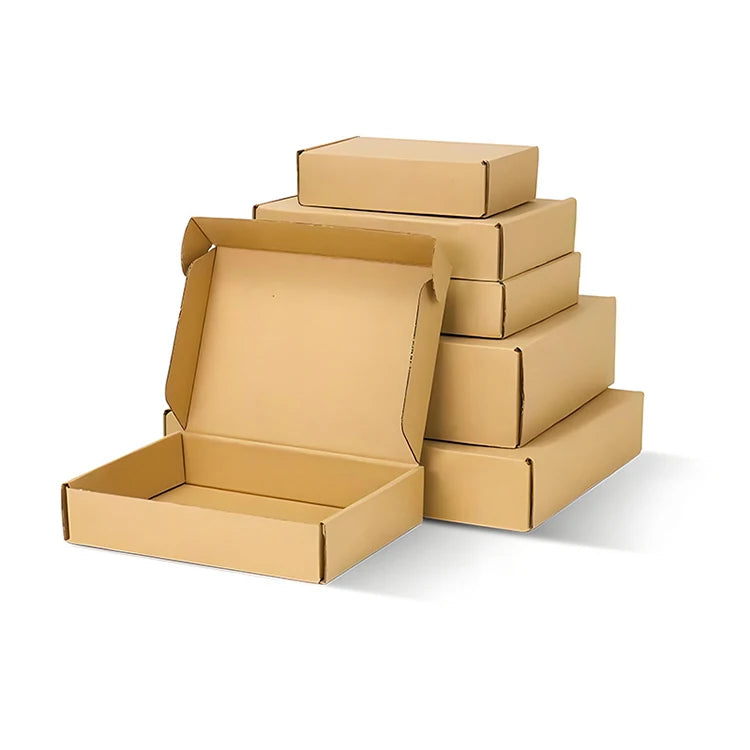 Brown corrugated cardboard shipping boxes, one open tray with hinged lid