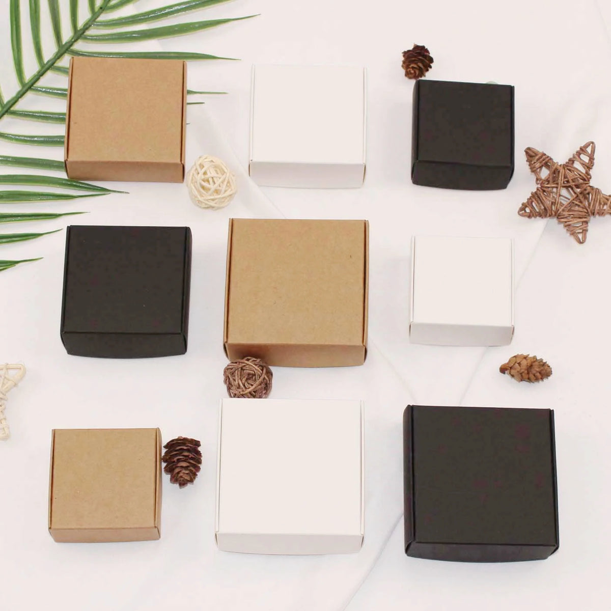 Kraft paper mailer boxes in black, kraft, white, and mixed colors, square shapes