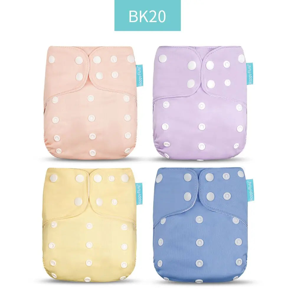 Happy Flute reusable baby cloth diapers, set of 4 adjustable snap-closure pocket diapers in assorted pastel colors.