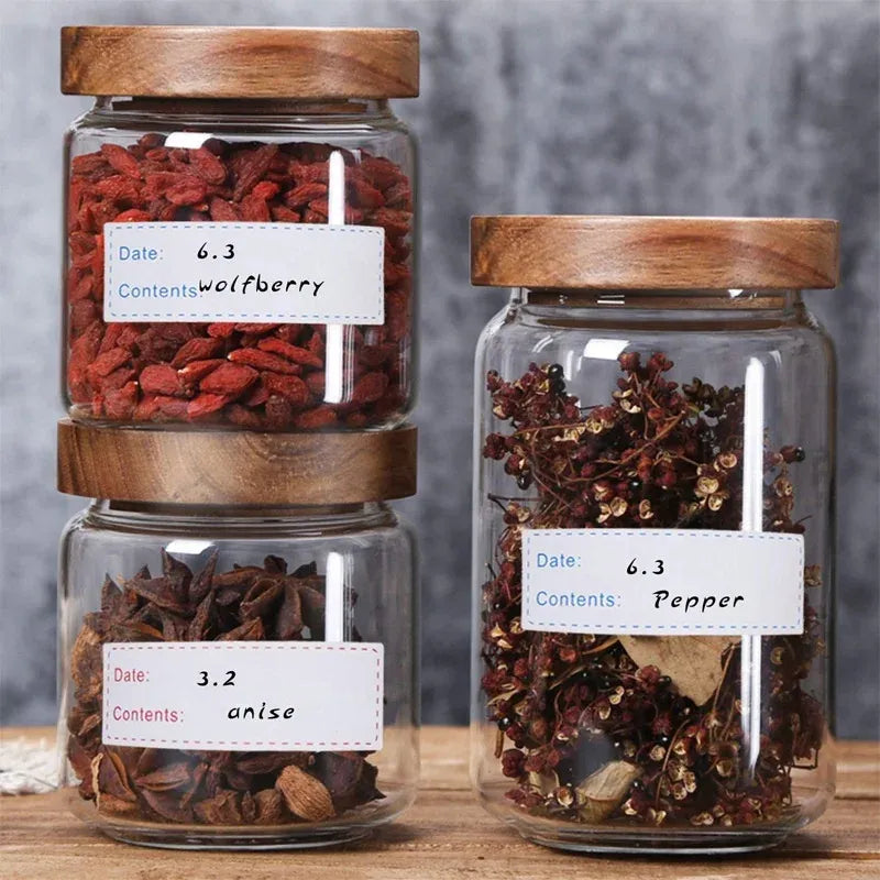 Date and contents labels on pantry jars for dried foods