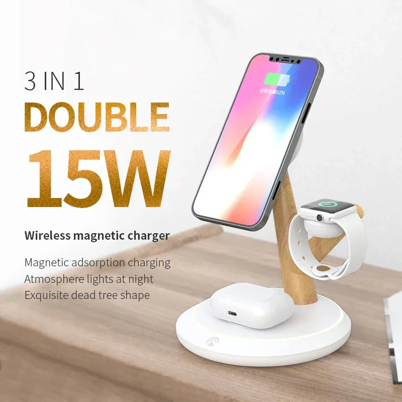 3-in-1 Magnetic Wireless Charger Stand – 15W Desktop Fast Power Tidesmit