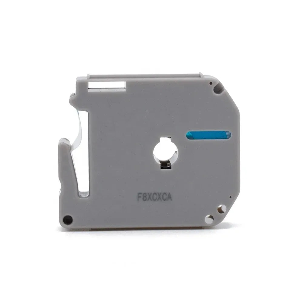 Thermal label tape cartridge back view with blue tab and mounting hole
