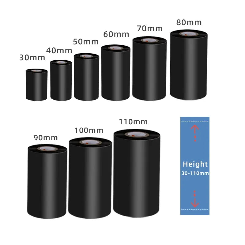 Wax ribbon sizing chart showing widths from 30mm to 110mm and core height 30–110mm