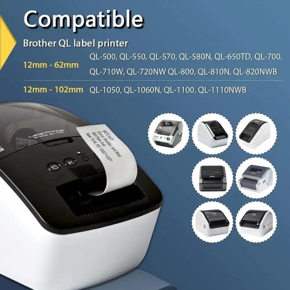 White label tape roll on a label printer, with compatibility diagram