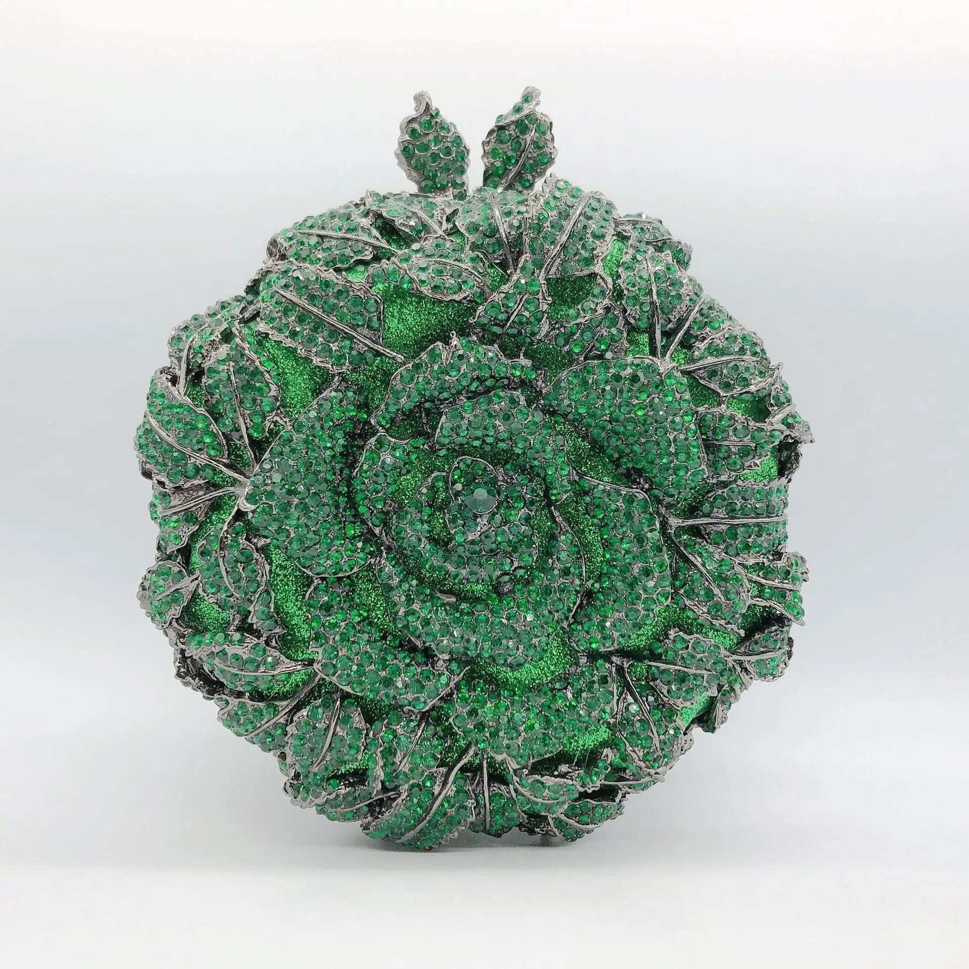 Green crystal rose flower designer clutch bag, elegant evening handbag for wedding party, circular crystal-embellished.
