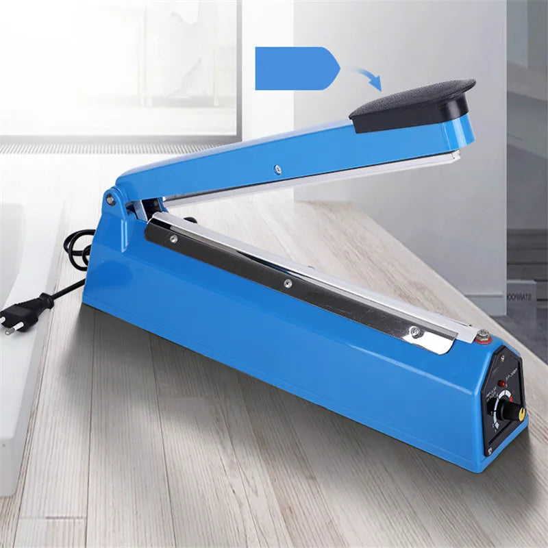 Blue manual heat sealer on countertop with black handle, sealing bar, and knobs