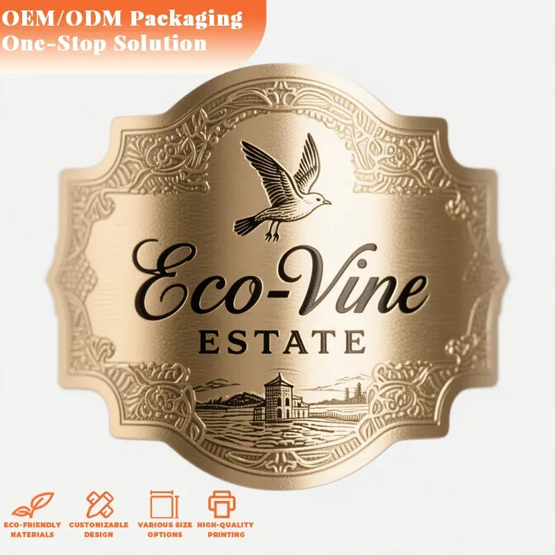 Gold embossed bottle label with bird illustration and Eco-Vine Estate wording