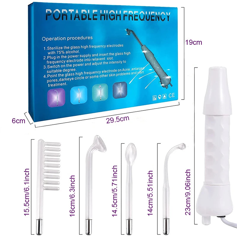 Portable high-frequency facial wand with a white handle and four interchangeable glass electrode attachments in a box.