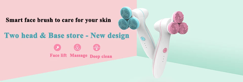 Sonic facial cleansing brush set with blue and pink heads for deep skin cleaning, blackhead removal, and face massage.