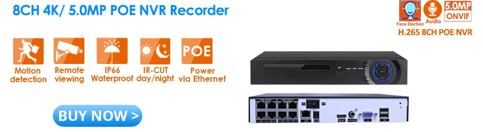 XMEYE 8MP 4K 2.8MM lens POE Wired IP ONVIF H.265 Audio Record CCTV Face Detection Waterproof IP66 Outdoor Security Video Camera