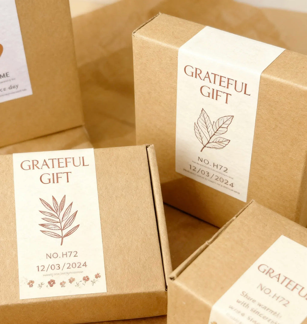 Grateful Gift paper seal stickers with leaf logo, 'NO. H72' and date text