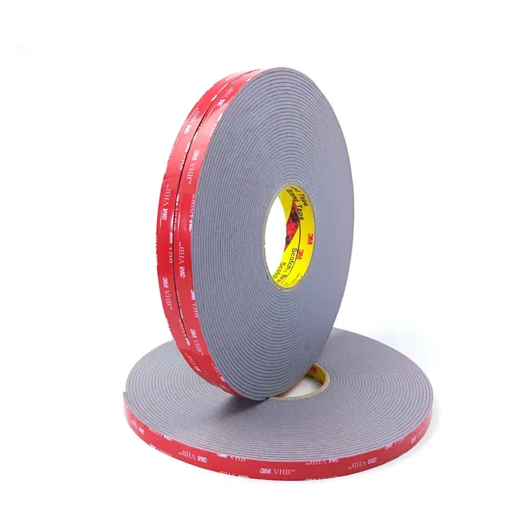 Two rolls of double-sided acrylic foam tape, gray with red adhesive side