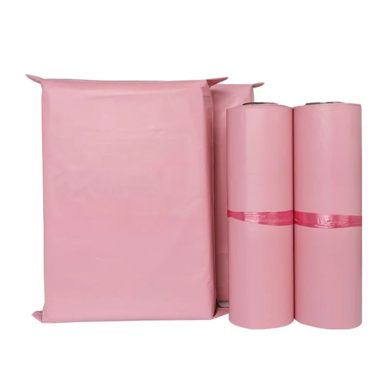 Waterproof poly mailer bag in matte light pink with self-seal strip, plus rolled liners