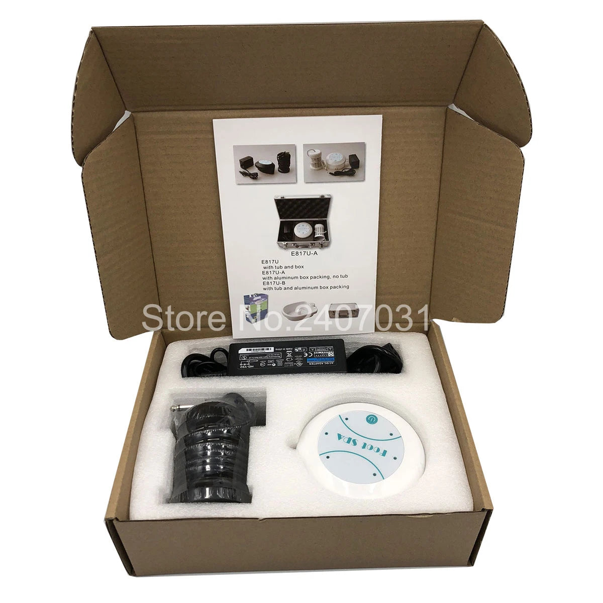 Ion detox foot spa machine set with power adapter and ionic array in protective cardboard packaging with user manual.