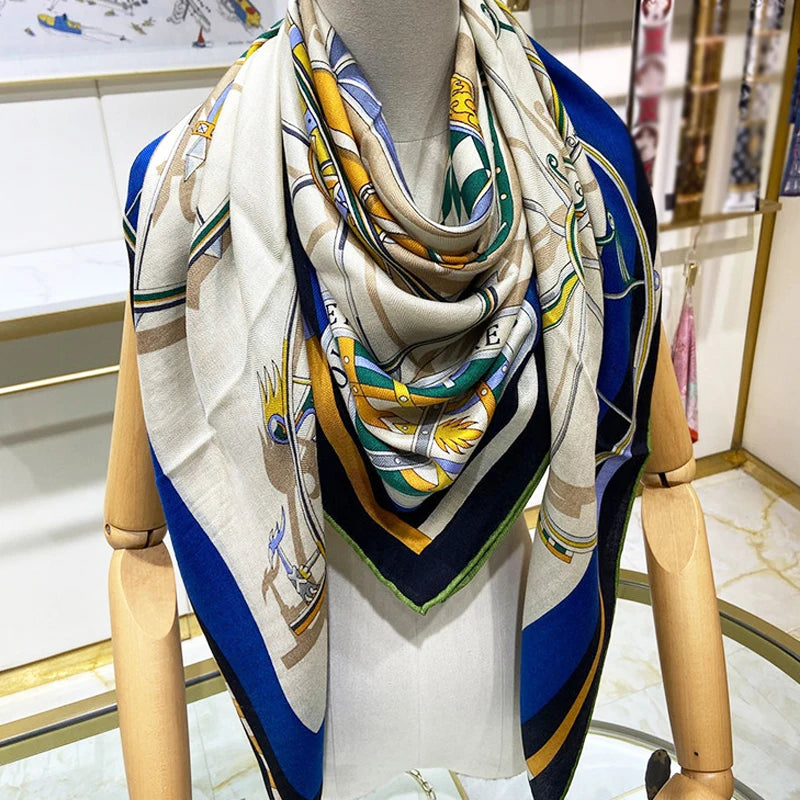 Luxurious 140x140cm Large Square Small Carriage Printed Cashmere Silk Scarf Gift Specially Designed for Elegant Individuals