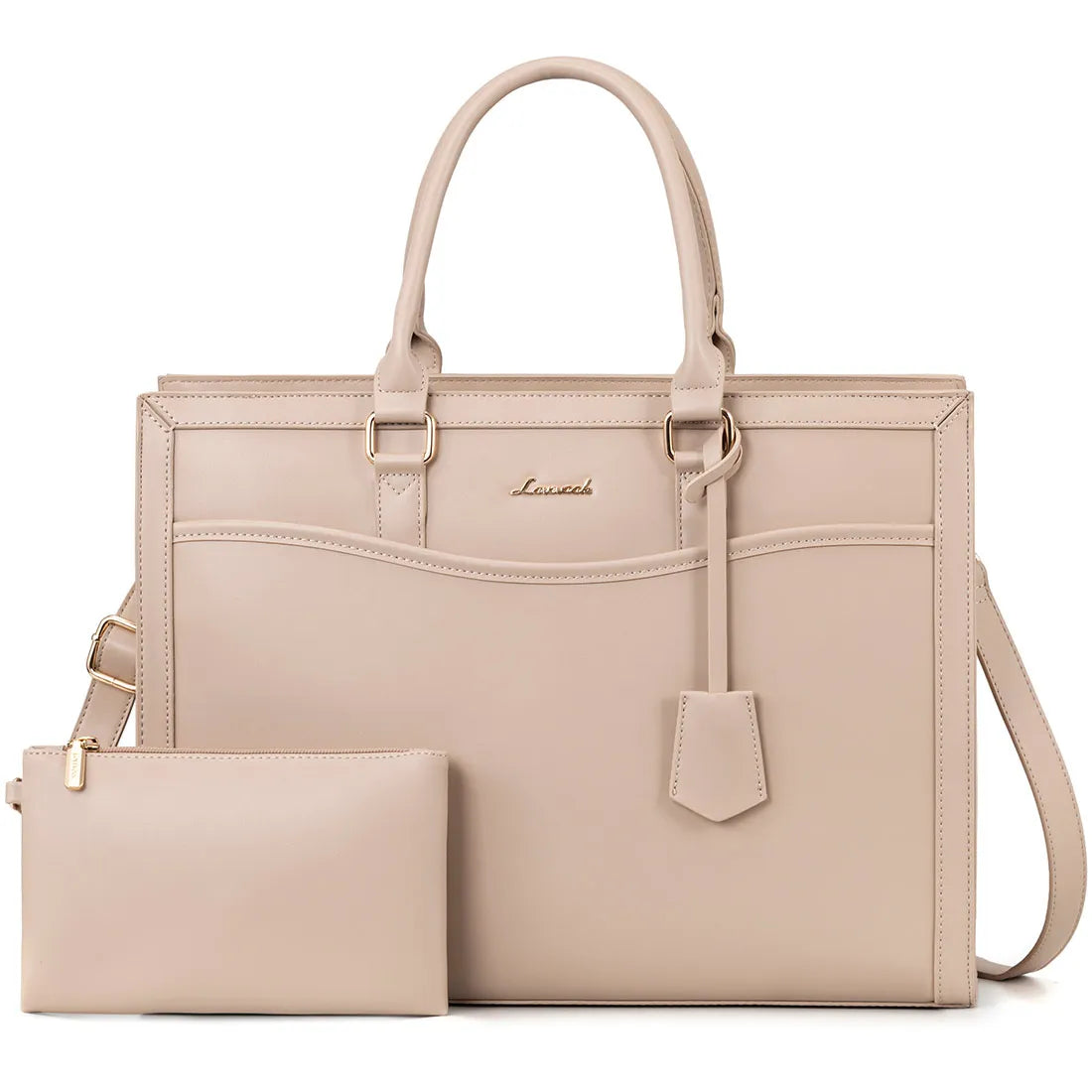 Beige faux leather designer laptop tote bag for women with matching wristlet, gold hardware, and structured office style.