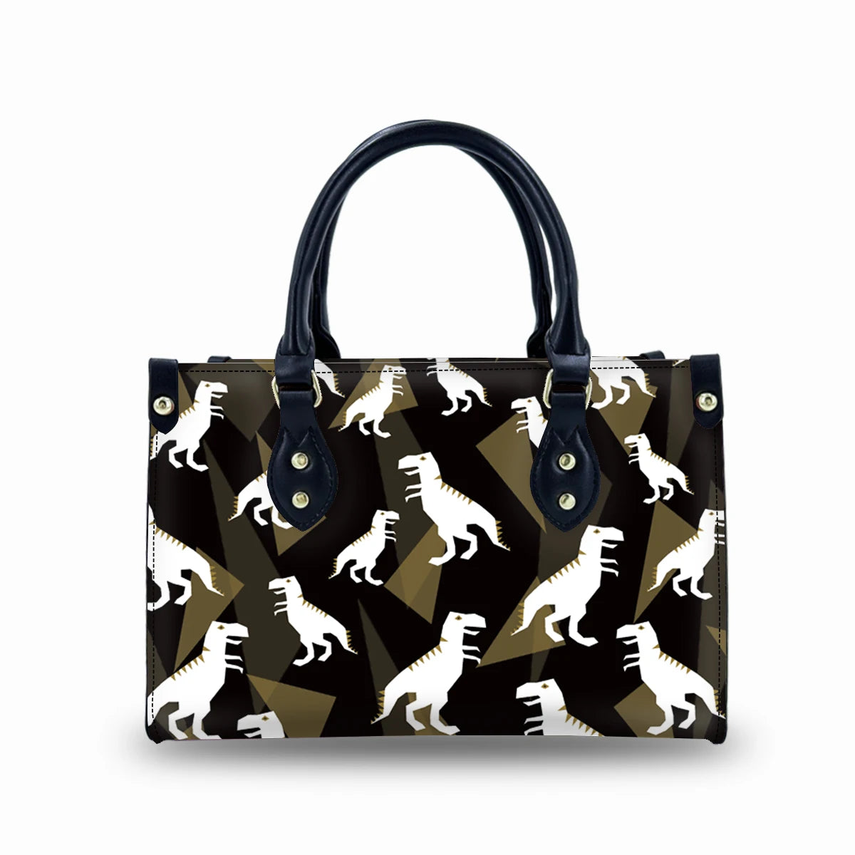 Vintage-style leather trunk handbag with black and gold geometric print, white dinosaur pattern, and dual top handles.