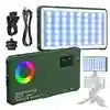 Portable rectangular RGB LED light panel with an integrated display screen, power cable, and tripod mount.