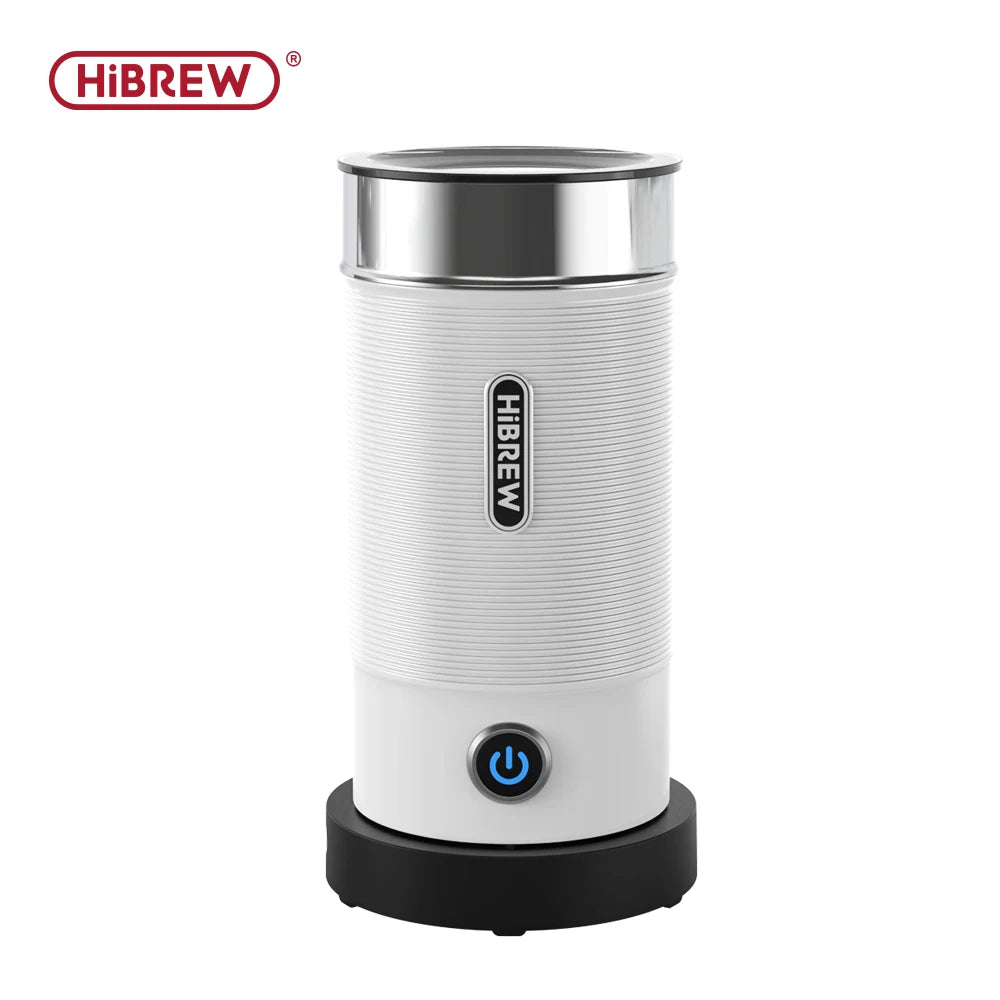 HiBREW electric milk frother, white cylindrical design with stainless steel top and black base, power button.