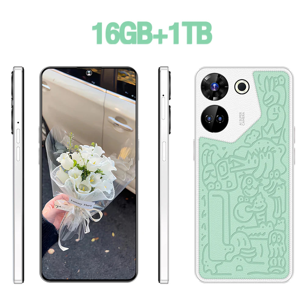 Green Android smartphone with dual rear cameras and embossed pattern, front view