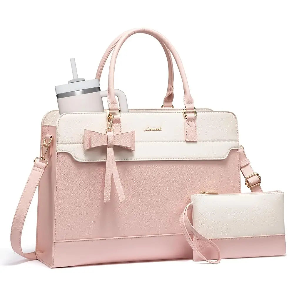 LOVEVOOK two-tone pink and cream 15.6in laptop tote bag with bow detail, matching clutch, and water bottle pocket.