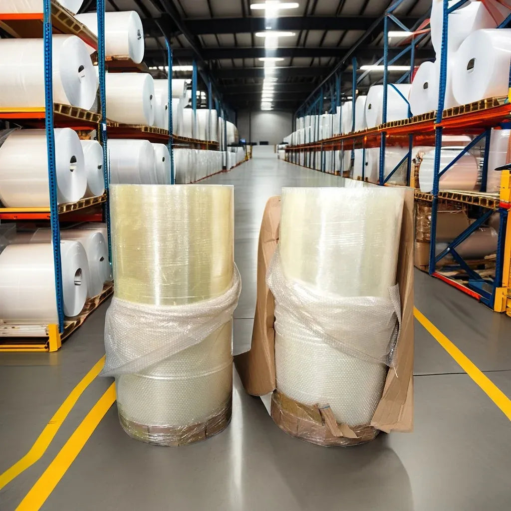 Clear BOPP tape jumbo roll bundles wrapped on pallet in storage rack