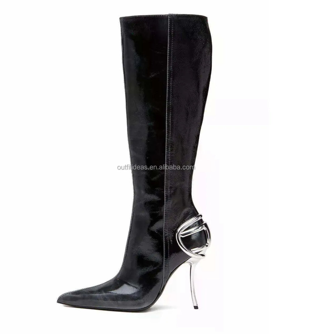 Sharply Pointed Toe Original Genuine Leather Luxury Side Zip Sexy Women D-Ten & Half-Glossy 105mm Stiletto Heel Knee-high Boots
