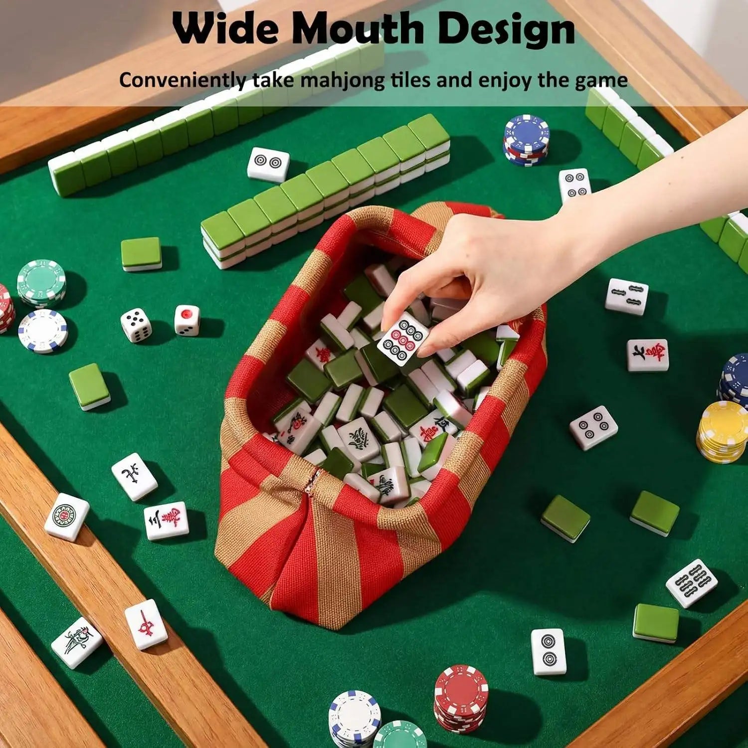 Red and tan fabric trunk-style tote bag with a wide-mouth design for storing Mahjong tiles on a game table.