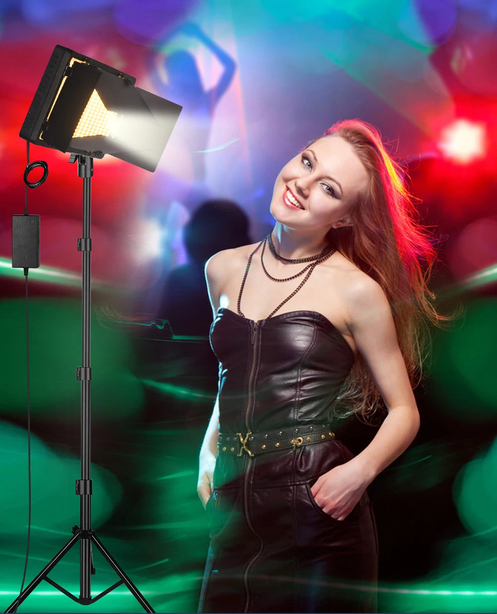 Black rectangular LED studio light on an adjustable tripod stand, used for professional photography and video lighting.