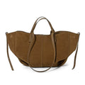 Large brown suede designer shoulder tote bag with double handles and side snap button detailing.